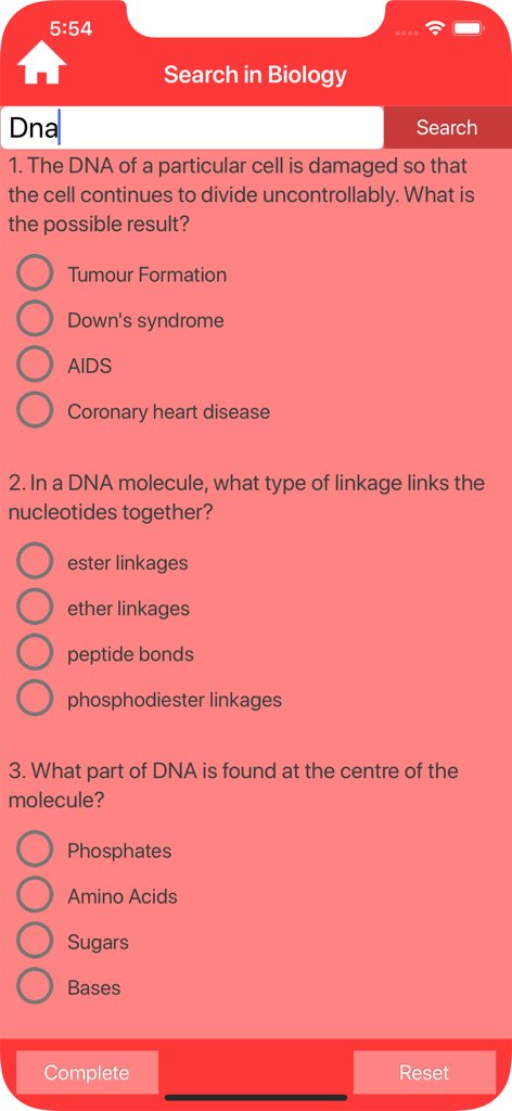 College Biology Quiz - The search screen of the College Biology Quiz app displaying multiple choice questions about DNA structure and cell division.