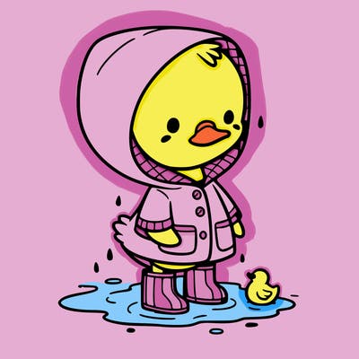 baby duck in a rain coat and boots, in a puddle while it’s raining