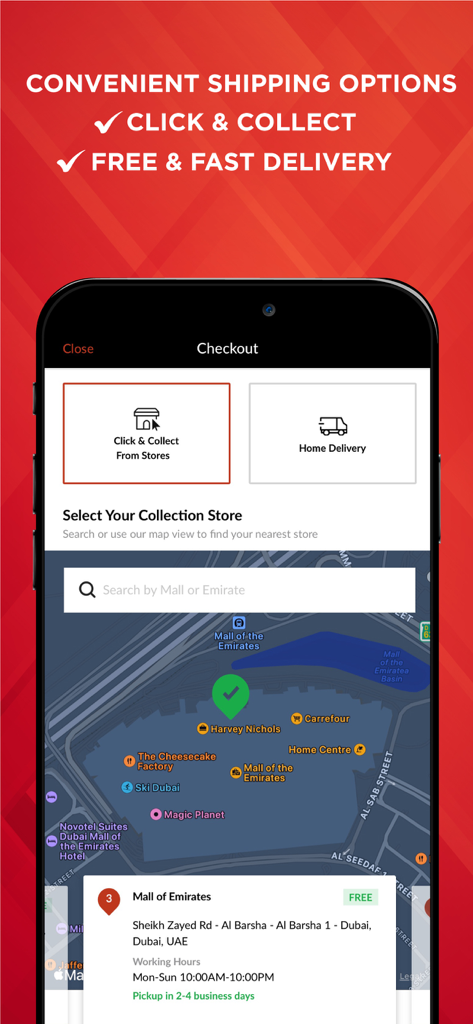 Emax app checkout screen showing click and collect shipping options with a store map view