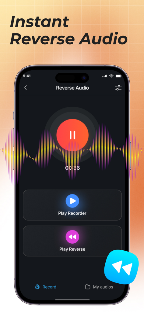 Interfaz de la aplicación Reverse Singing mostrando la función de grabación de audio inverso instantáneo con forma de onda de sonido y opciones de reproducción.