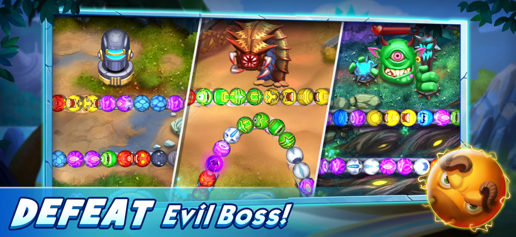 Atlantisor - Marble Blast - Atlantisor Marble Blastのゲームプレイ画面。異なるボスバトルとマーブルシューティングの仕組みが表示されている。