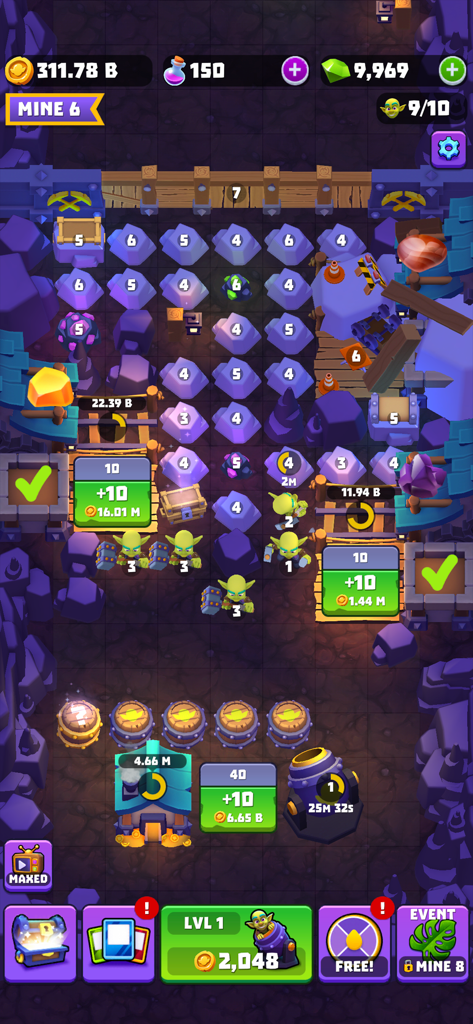 Gold and Goblins - Idle Games - Gameplay screenshot of Gold and Goblins showing green goblins mining rocks and managing resources in a gold mine