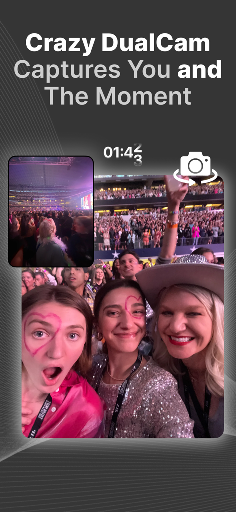 BeReal app screenshot showing friends taking a dual camera photo at a concert arena