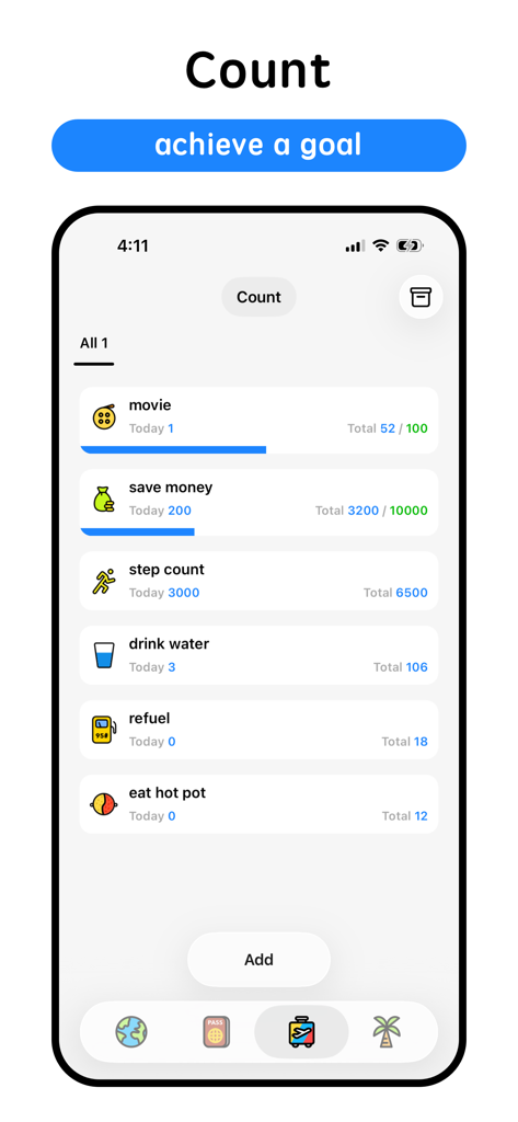 Kummy - Planner & Calendar - Interface of the Kummy app's Count feature showing progress bars for tracking personal goals like saving money and daily habits.