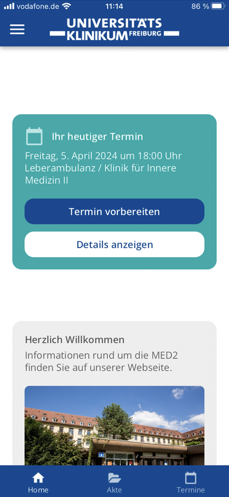 Startbildschirm der Meine Uniklinik App, der Details zu einem geplanten medizinischen Termin anzeigt