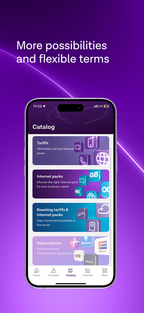 Azercell Biznes - Pantalla del catálogo de la aplicación móvil Azercell Biznes que muestra tarifas empresariales, paquetes de internet y opciones de roaming