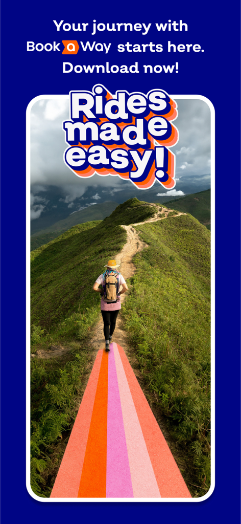 Bookaway: Bus Train & Ferry - A hiker with a backpack walking on a mountain ridge with the text Rides made easy for the Bookaway travel app