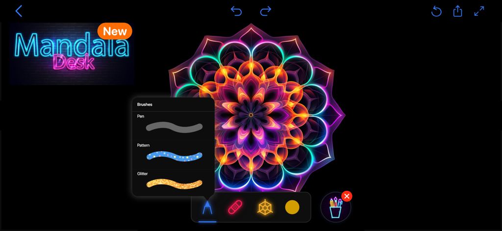 Drawing Apps - ブラシメニューが開いた状態で、描画アプリで作成中のデジタル曼荼羅アートワーク