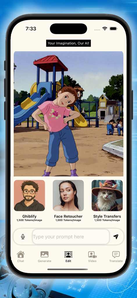 Luna - AI - Interface do aplicativo Luna AI mostrando ferramentas de edição de fotos, incluindo retocador de rosto Ghiblify e transferências de estilo