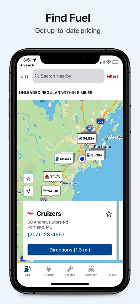 Interface do aplicativo móvel WEX Connect mostrando um mapa de postos de gasolina com preços de combustível em tempo real