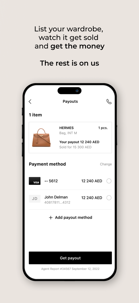 OSKELLY: Your Luxury Shopping - Pantalla de smartphone que muestra el proceso de pago de la aplicación OSKELLY para un bolso de diseñador Hermes vendido