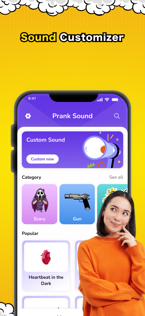 Prankify: Funny Call & Sound - Mobile app interface of Prankify showing sound categories like scary and gun with a sound customizer button