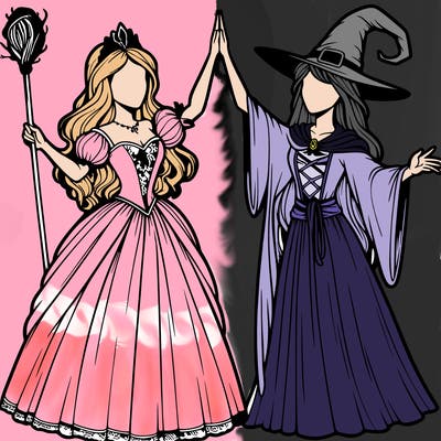 detailed realistic split of a princess and a witch