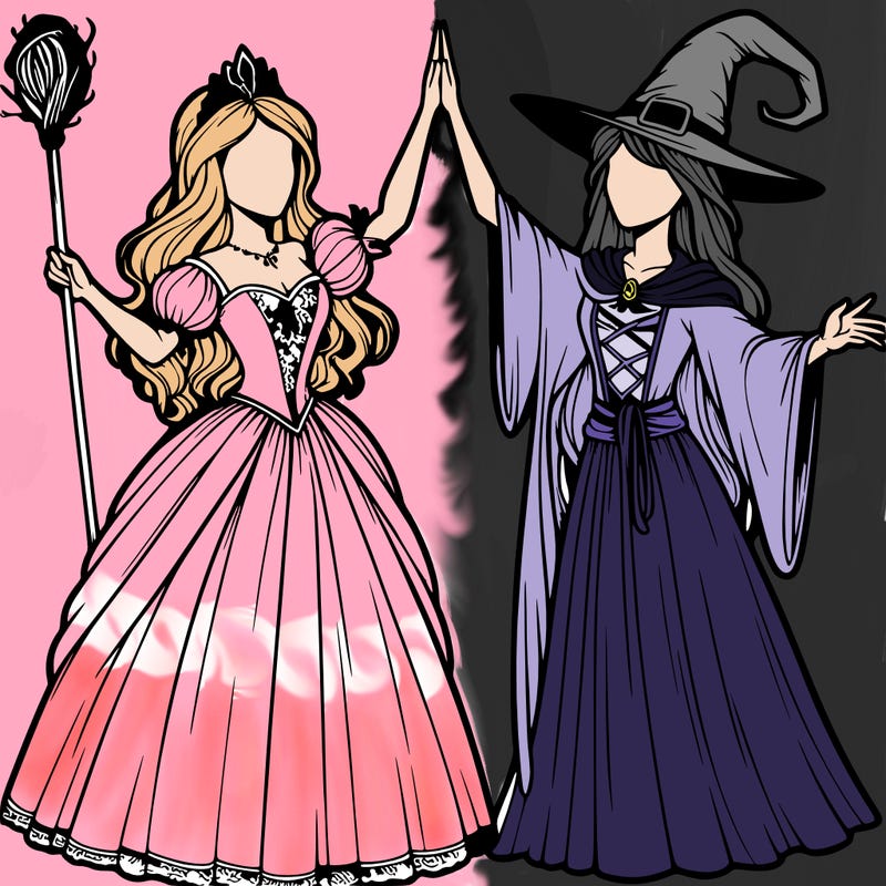 detailed realistic split of a princess and a witch