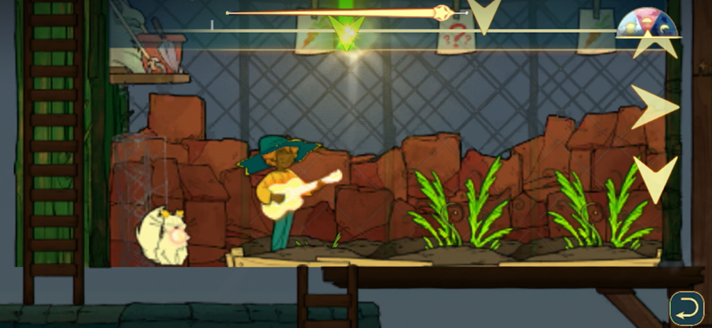 Spiritfarer: Netflix Edition - Stella playing music to help plants grow in a cozy garden setting