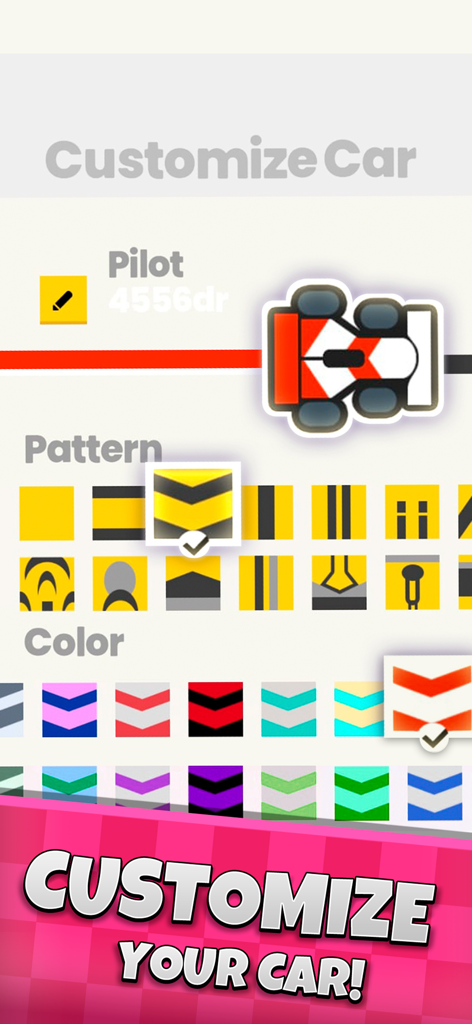 GPixel - Turn Based Racing - Customize car menu in GPixel racing game with various livery patterns and colors