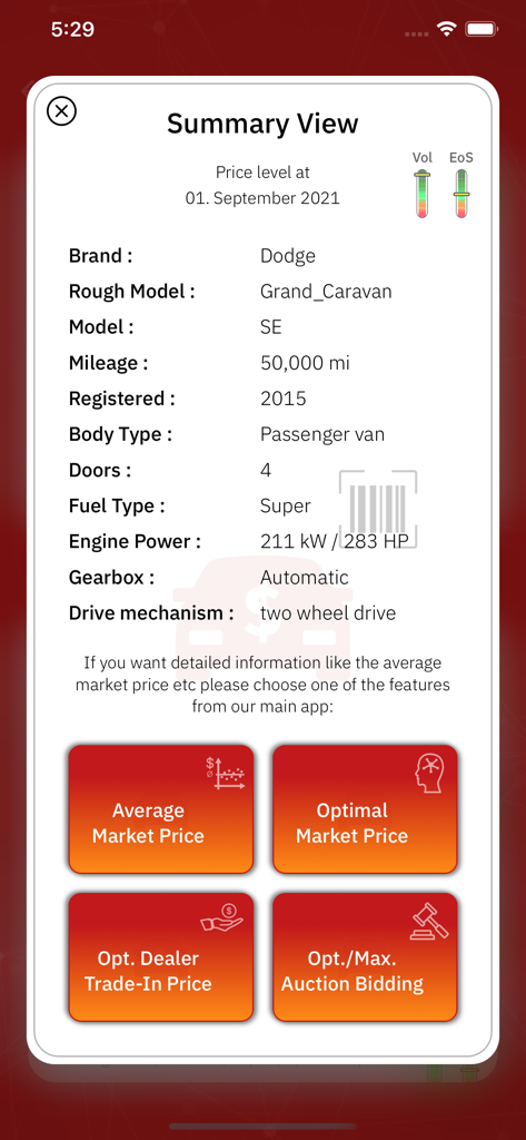A summary report in the VIN Decoder APP showing car details like brand mileage and technical specs along with market price options