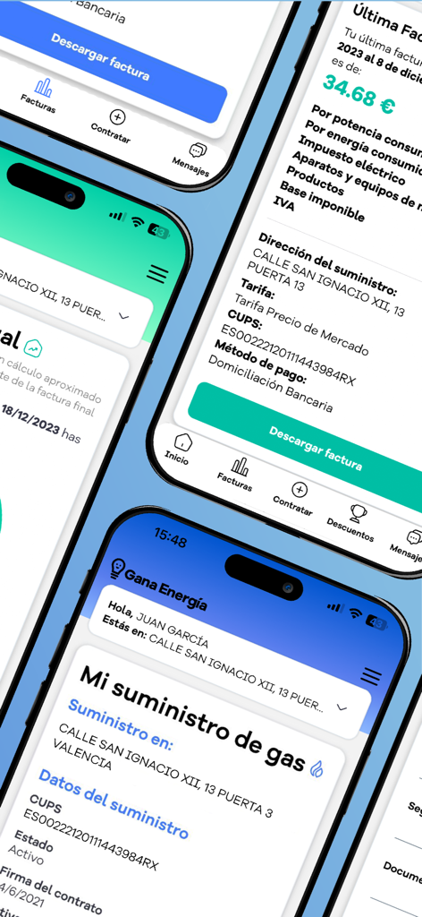 Gana Energia - App clientes - Interface of the Gana Energia app displaying utility bill details and gas supply management.
