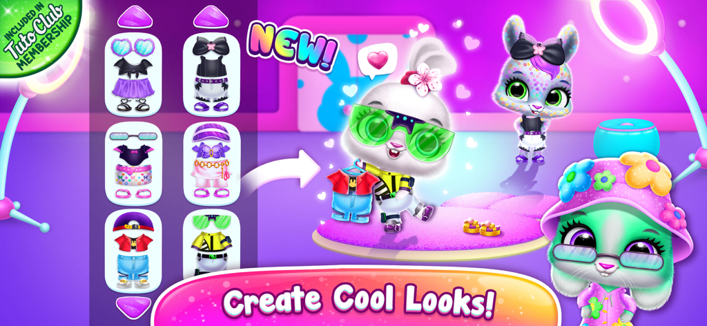 Bunnsies - Happy Pet World - Un menú que muestra varios atuendos y accesorios para vestir a lindos conejos virtuales en Bunnsies.