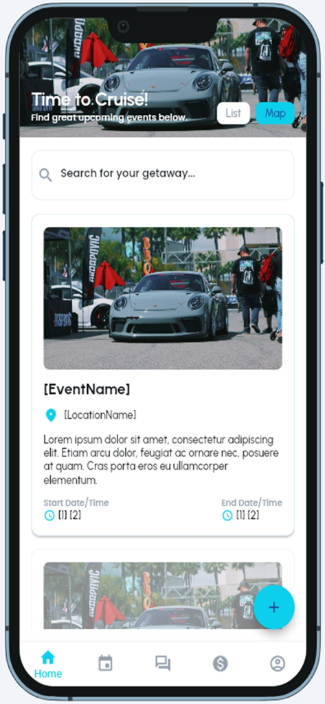 TorqueBase App - Interface of the TorqueBase app showing a car event discovery page with a search bar and a listing for a vehicle cruise featuring a grey sports car