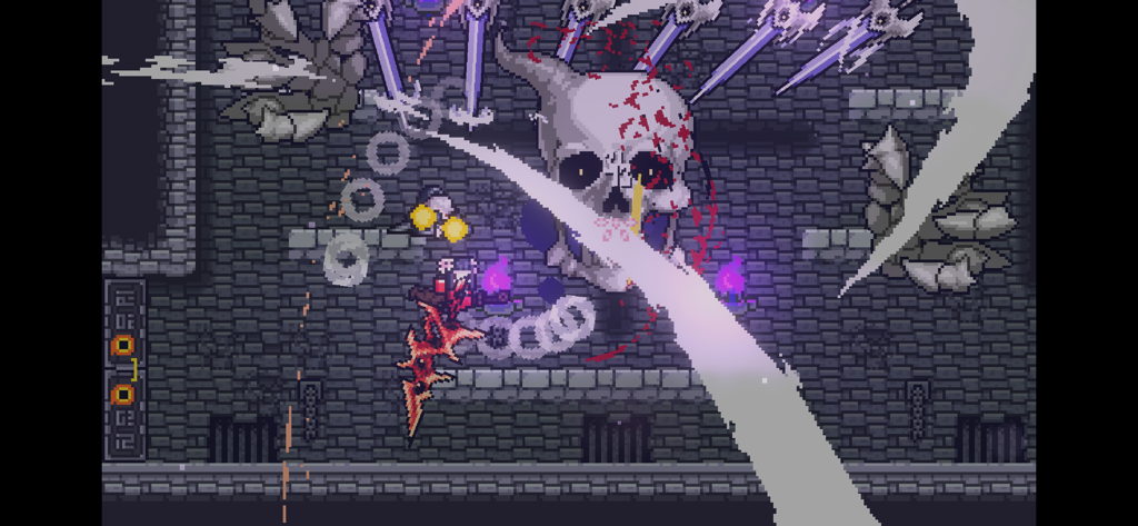 Dungreed - Action gameplay from Dungreed showing a character fighting a giant skull boss in a pixel art dungeon