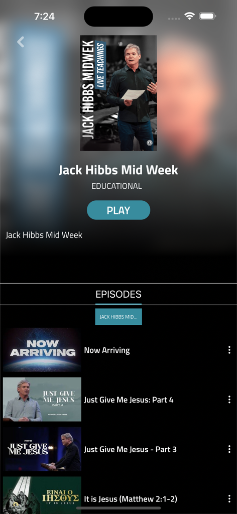 Real Life Network - Real Life Network app interface displaying Jack Hibbs Mid Week video episodes and a play button