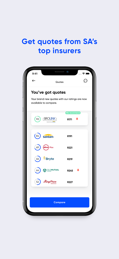 Ctrl - Insurance assistant - Interfaz de aplicación móvil que muestra una lista de presupuestos de seguros de varios proveedores