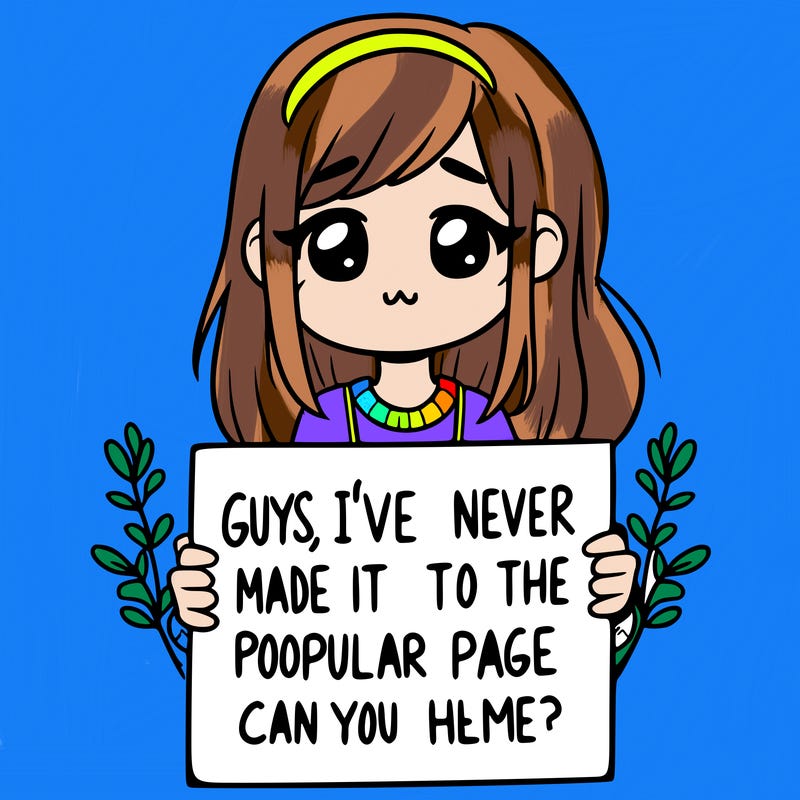 a girl holding up a sign that says, guys, i’ve never made it to the popular page, can you help me?