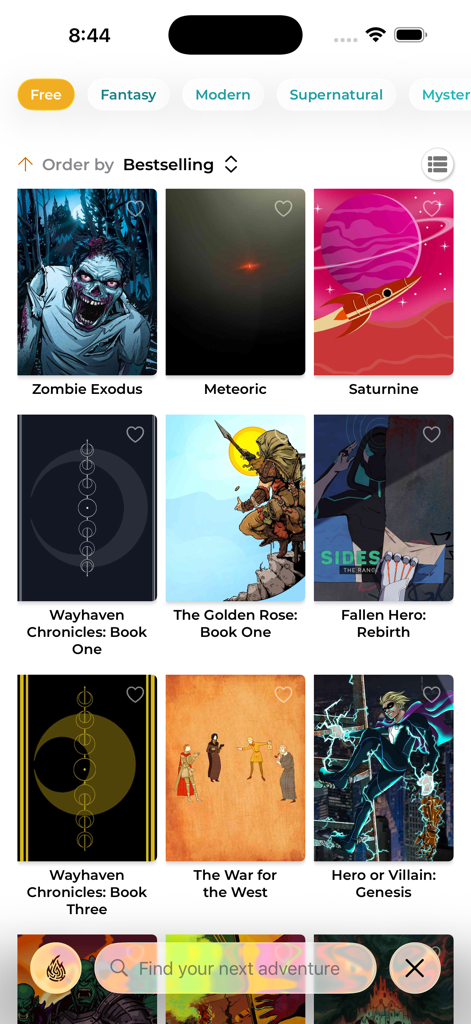 Interface of the Hosted Games app showing a collection of interactive text-based novels with covers for Zombie Exodus and Wayhaven Chronicles