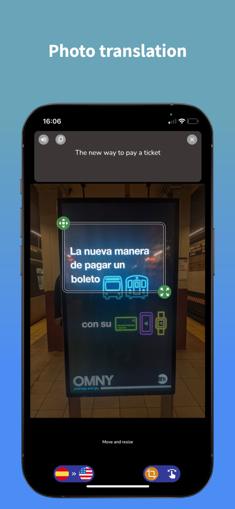 Spanish Translator - EsGot - Ein Mobiltelefon zeigt die Fotoübersetzungsfunktion der EsGot-App, die ein spanisches U-Bahn-Schild ins Englische übersetzt.