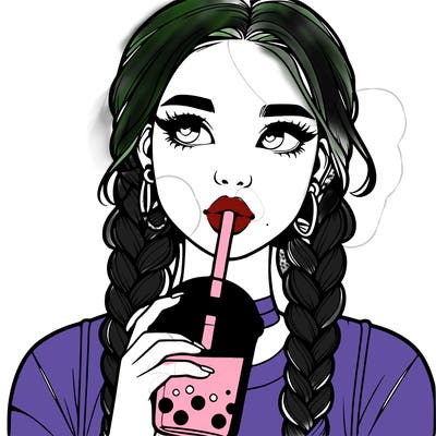 realistic girl with braided hair drinking boba
