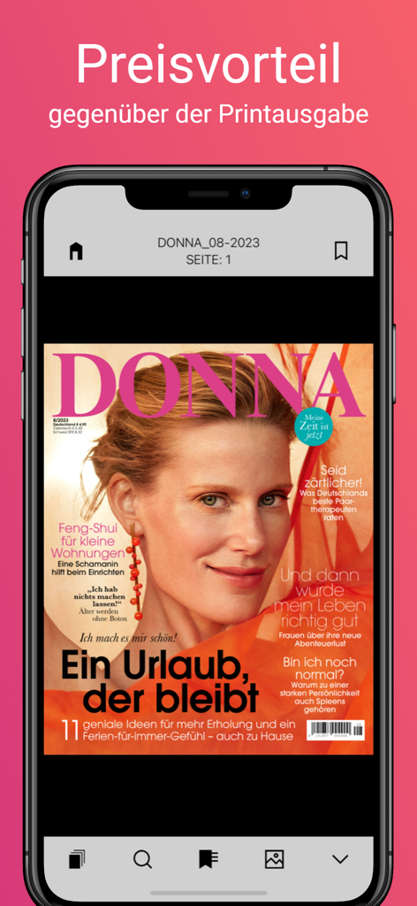 Smartphone-Bildschirm, der das digitale Cover von DONNA Magazin DE anzeigt