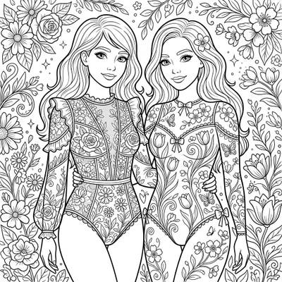 Celebrate the beauty of spring with this stunning adult coloring page featuring two elegantly adorned women in floral bodysuits. Lose yourself in the intricate details of lace, flowers, and foliage, perfect for a relaxing creative escape.