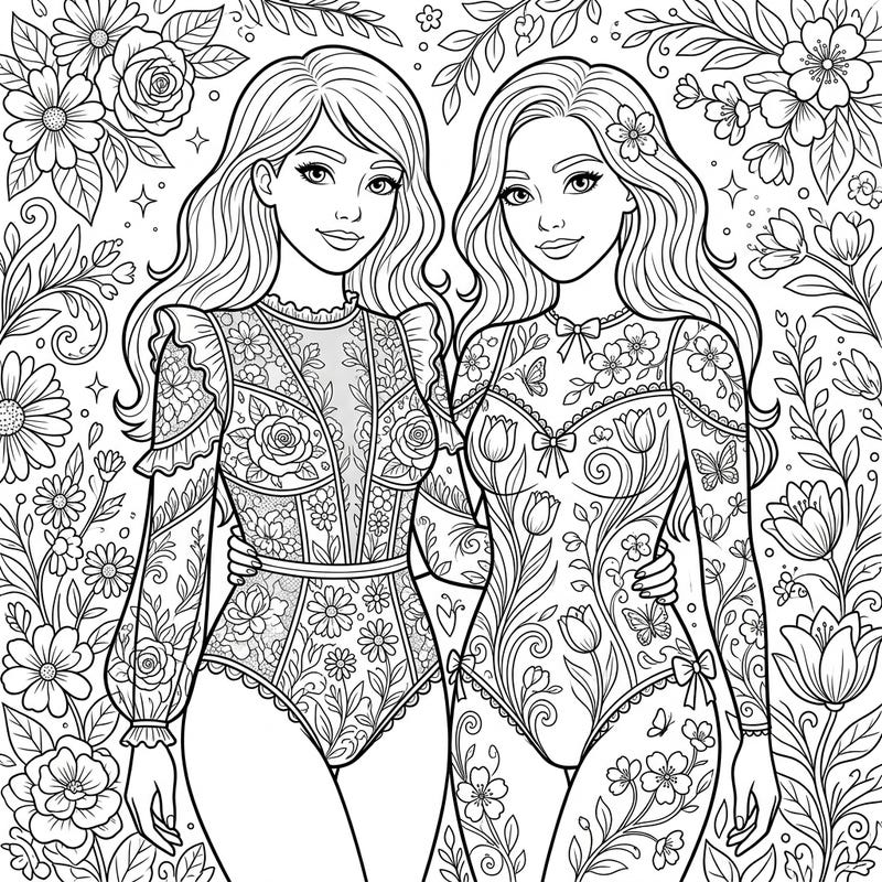 Celebrate the beauty of spring with this stunning adult coloring page featuring two elegantly adorned women in floral bodysuits. Lose yourself in the intricate details of lace, flowers, and foliage, perfect for a relaxing creative escape.