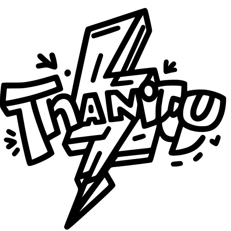 the writing “thank you” with a lightning bolt