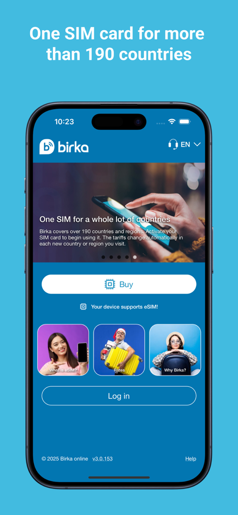Birka Global eSIM Hub - Birka app home screen interface showing global eSIM options for over 190 countries