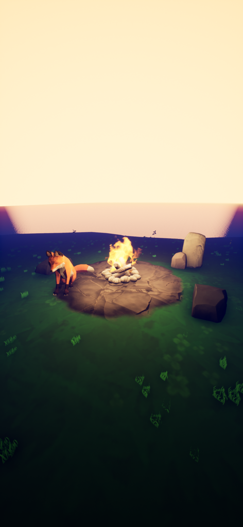A peaceful scene in The Playne app showing a fox sitting by a campfire on a green island at dusk.