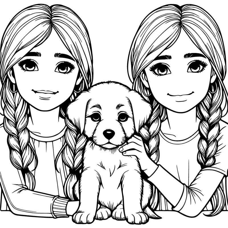 two realistic girls with a realistic puppy