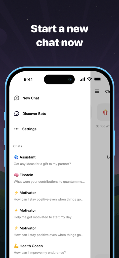 Interface of the ChatAI app showing a side menu with various AI personas and recent chat history
