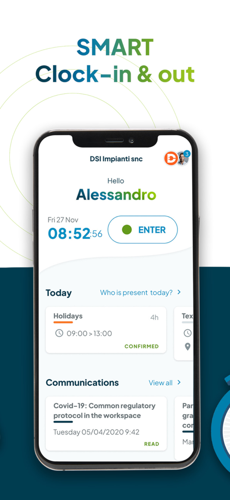 Fluida.io - Fluida.io mobile app screen showing a smart clock-in and out interface with an enter button and company communications