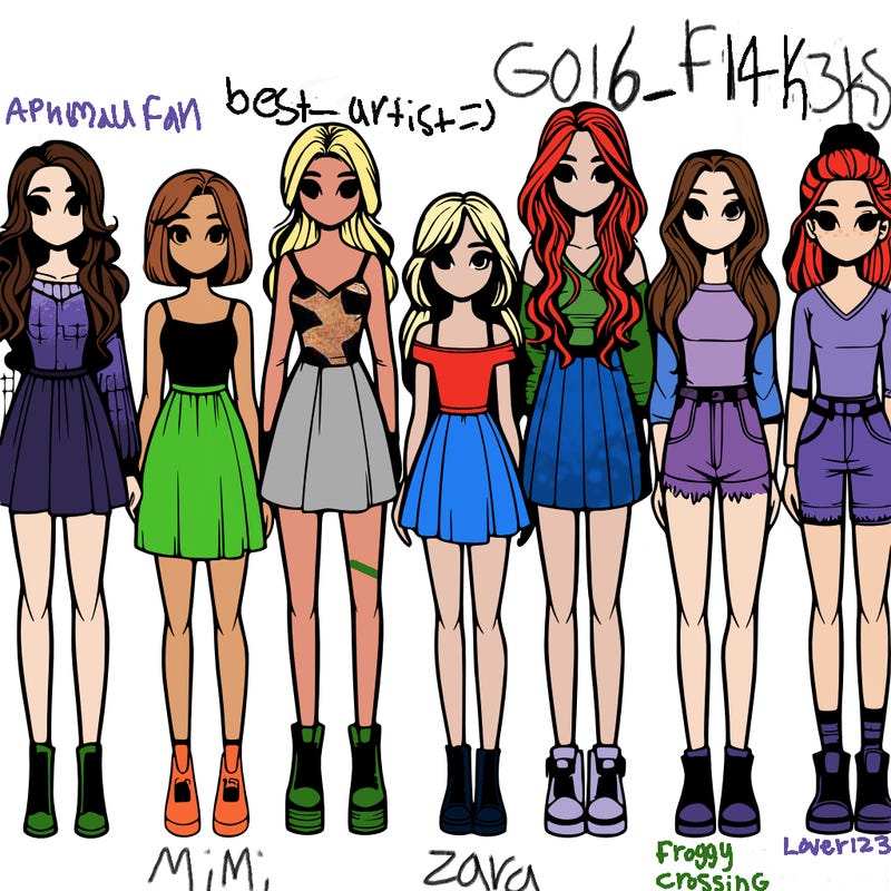 seven realistic girls standing up next to each other