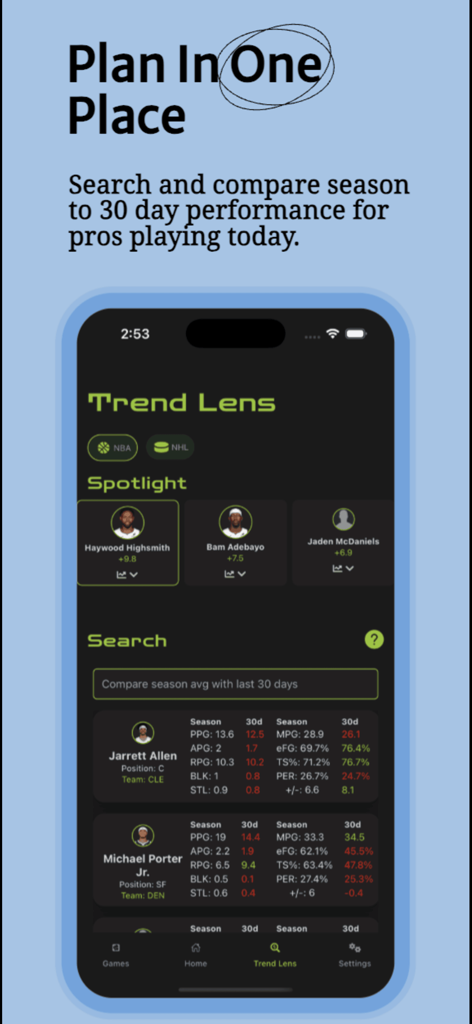 Bet IQ: Smarter Sports Betting - Trend Lens screen in Bet IQ app comparing NBA player season and recent performance