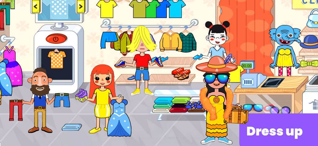 Kids characters playing dress up in a colorful mall clothing store