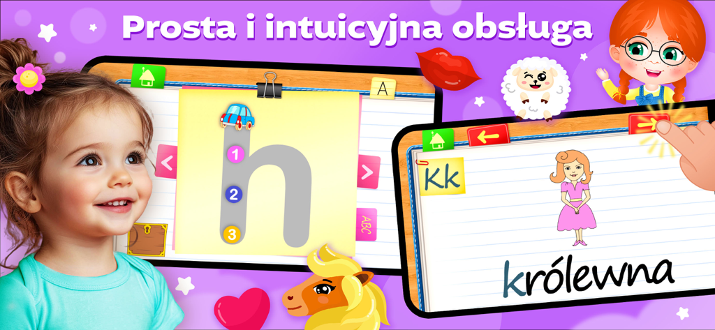 Gra Alfabet dla Dzieci - A young girl smiling next to mobile screens showing a Polish alphabet learning game with letter tracing and illustrations