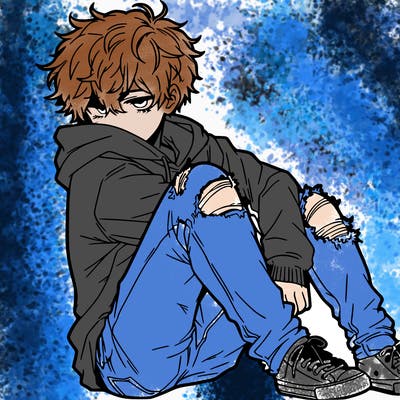 a male hoddie ripped jeans messy hair anime