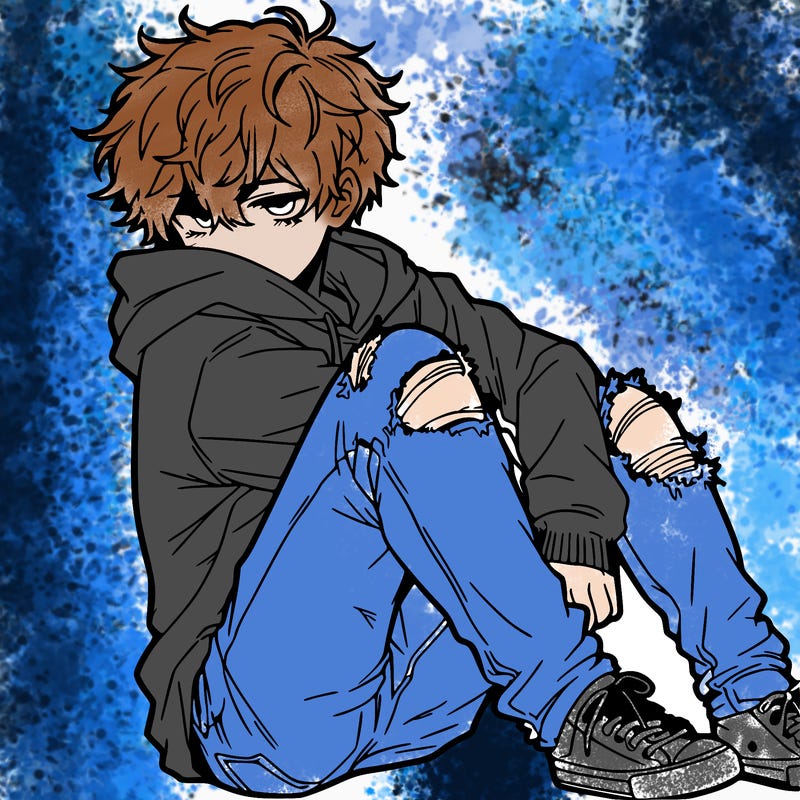 a male hoddie ripped jeans messy hair anime