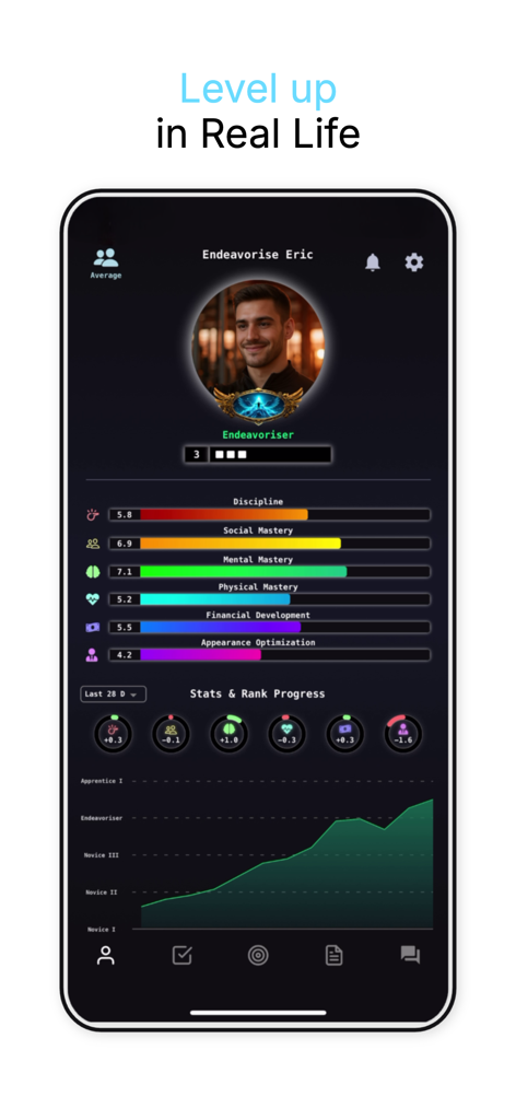 Endeavorise app user profile interface displaying gamified life skills progress bars and level up stats