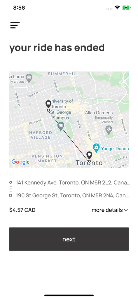 SPARK driver - SPARK driver app screen showing a completed ride summary with a route map in Toronto and the total fare earned