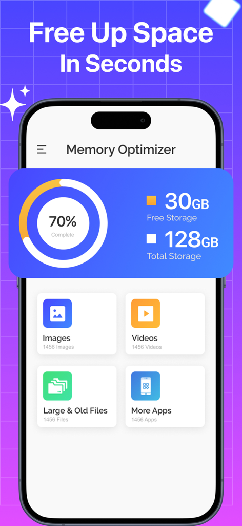 Phone Storage - Junk Removal - iPhone memory optimizer interface showing 30GB free storage and categories for cleaning images and videos