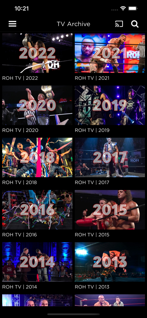 Ring of Honor app TV Archive screen featuring a library of professional wrestling matches organized by year.